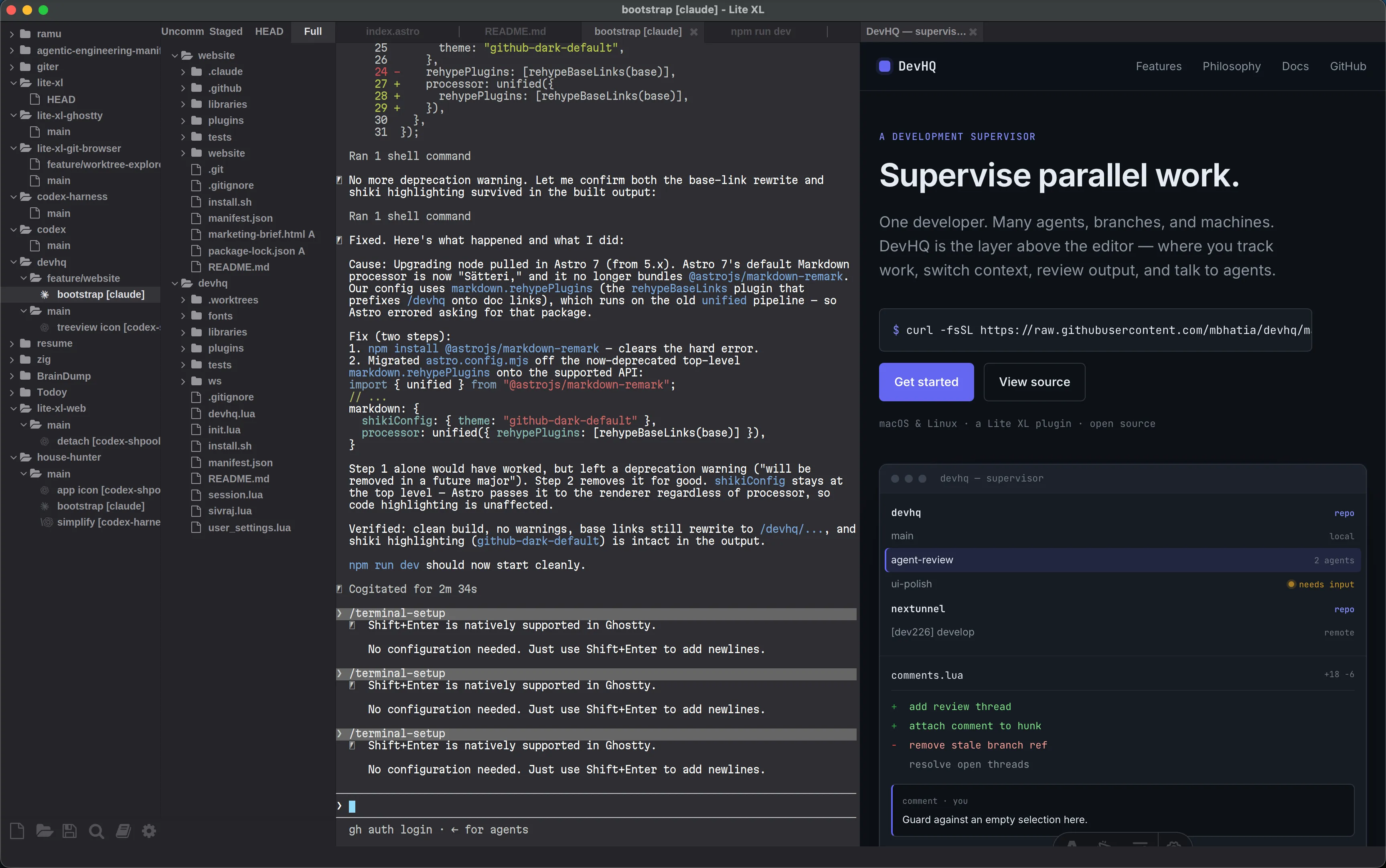 DevHQ running in Lite XL: a repository and worktree sidebar, an open diff, and an agent terminal.